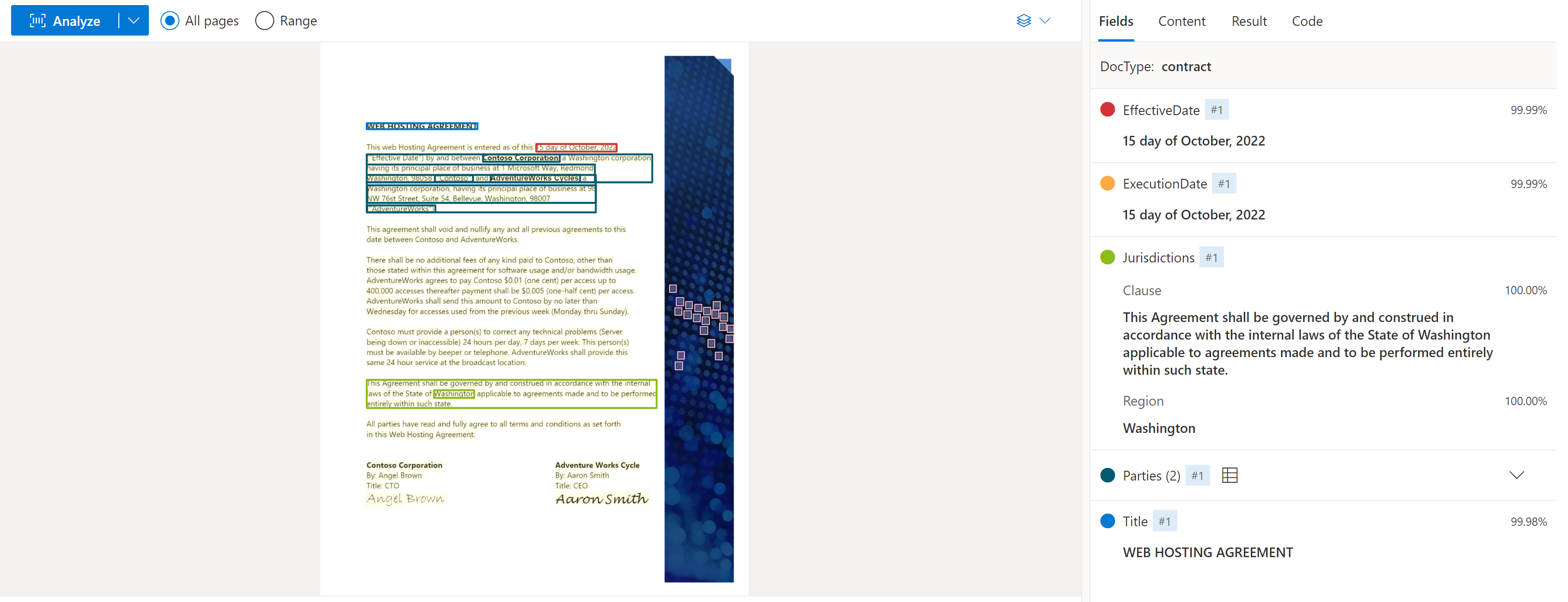 显示使用 Document Intelligence Studio 提取合同模型的屏幕截图。