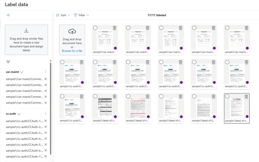 显示 Document Intelligence Studio 中的自定义分类模型标签的屏幕截图。