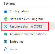 显示 Azure 门户中 CORS 设置菜单的屏幕截图。