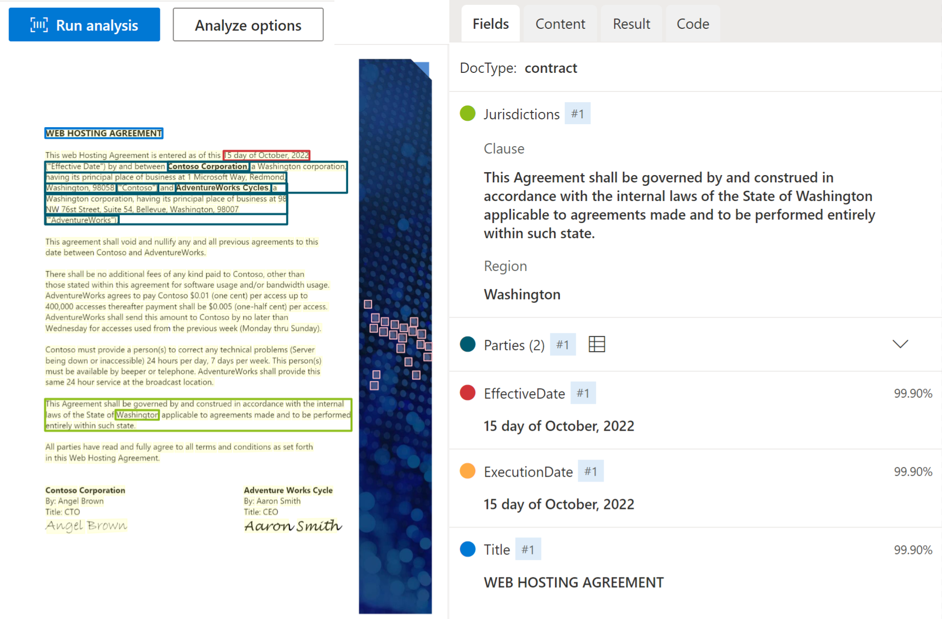 显示使用 Document Intelligence Studio 提取合同模型的屏幕截图。