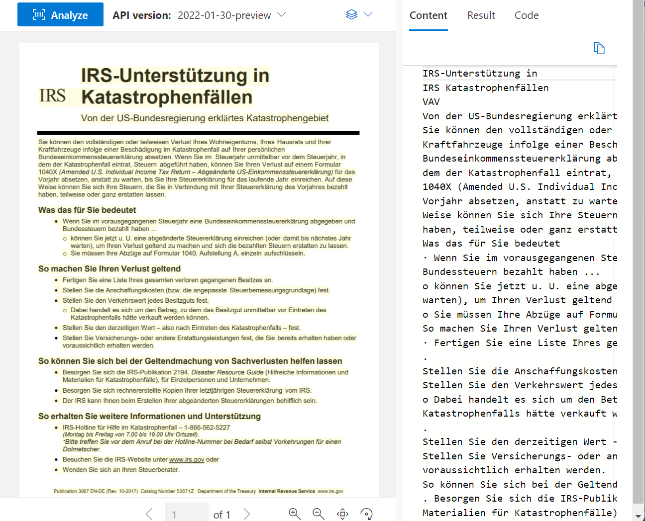 展示通过使用 Document Intelligence Studio 读取功能处理的示例文档的屏幕截图。