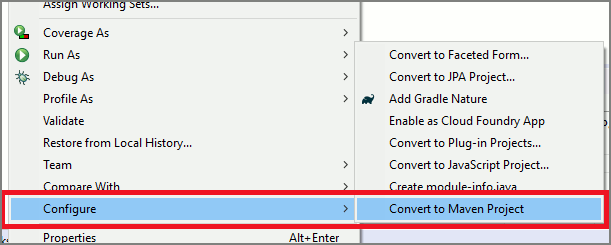 Package Explorer 的屏幕截图，其中显示了转换为 Maven 项目的命令。