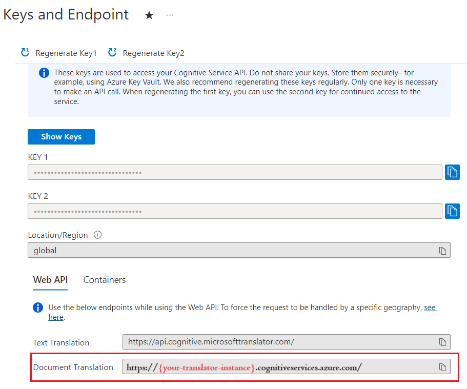 在 Azure 门户中记录翻译密钥和终结点位置的屏幕截图。