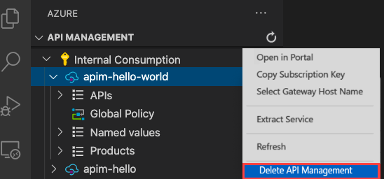 Visual Studio Code 中删除 API 管理实例的截屏。