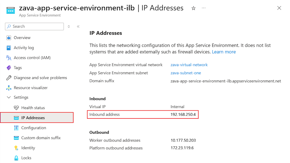 显示 Azure 门户中 ILB 应用服务环境的入站 IP 地址的屏幕截图。