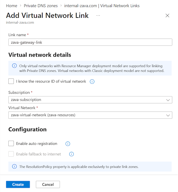 显示如何在 Azure 门户中的专用 DNS 区域中创建新的虚拟网络链接的屏幕截图。