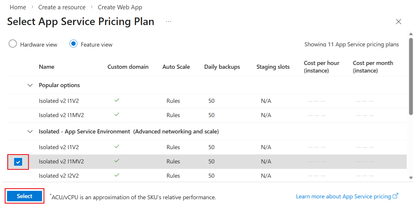 显示 Azure 门户中应用服务计划定价层、功能及其硬件的截图。