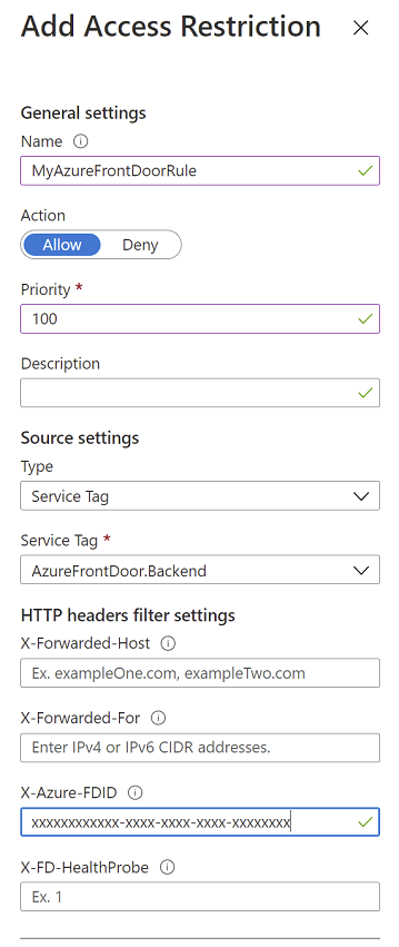 Azure 门户中的“访问限制”窗格的屏幕截图，显示如何添加 Azure Front Door 限制。