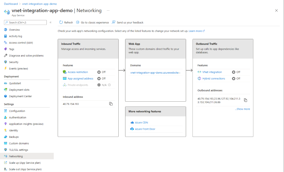 Azure 门户中的“应用服务网络选项”窗格的屏幕截图。