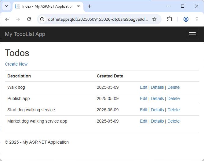 显示 Azure 应用服务中运行的已发布 ASP.NET to-do列表应用程序的屏幕截图。