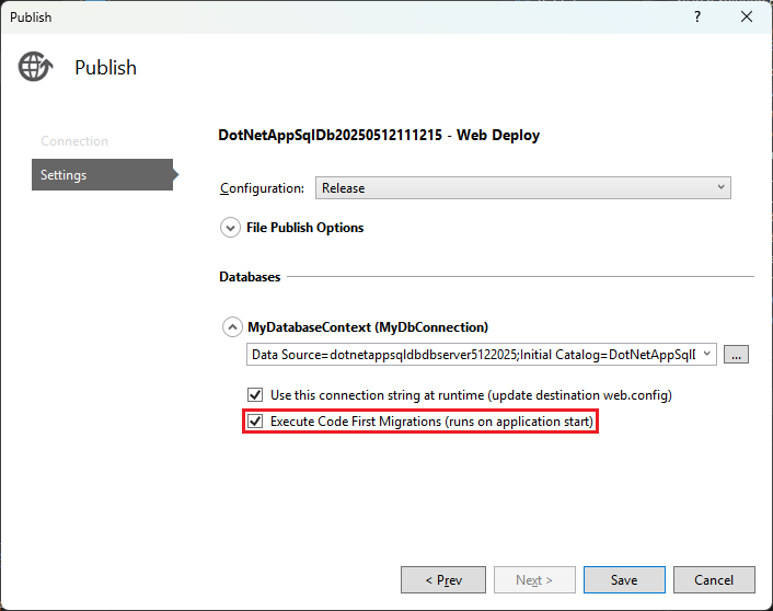 显示 Azure 应用中的“启用代码优先迁移”的屏幕截图。