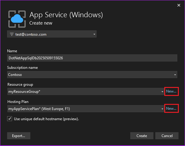 显示配置 Windows 应用服务的屏幕截图，其中包含名称、资源组和托管计划设置。