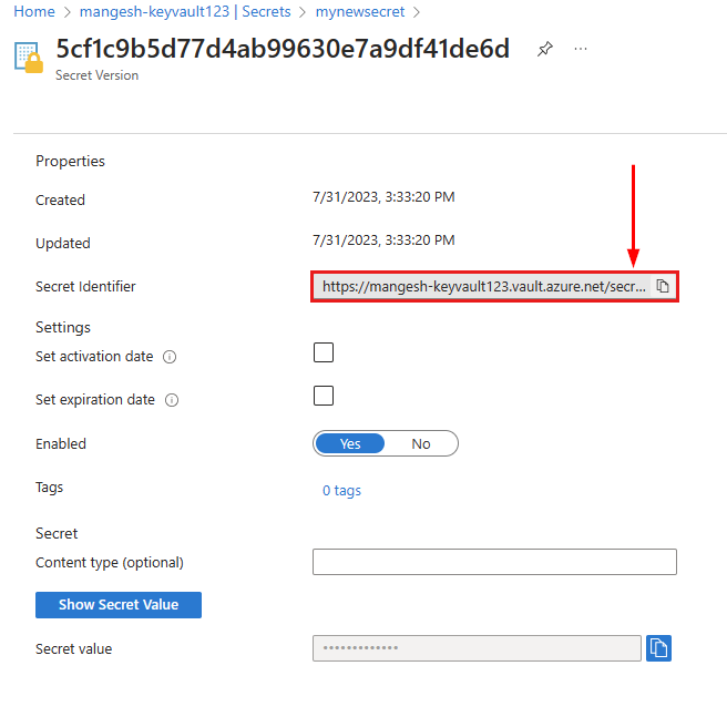 Key Vault 机密标识符的截图。