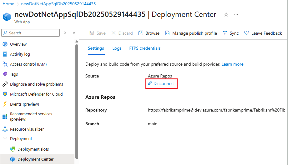 显示如何在 Azure 门户中将云文件夹同步与应用服务应用断开连接的屏幕截图。