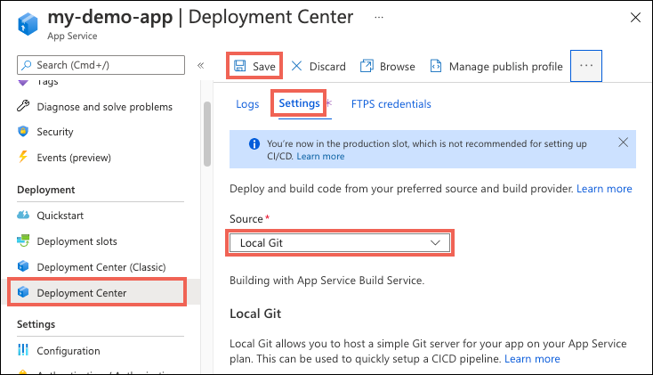 显示如何在 Azure 门户中为应用服务启用本地 Git 部署的屏幕截图。