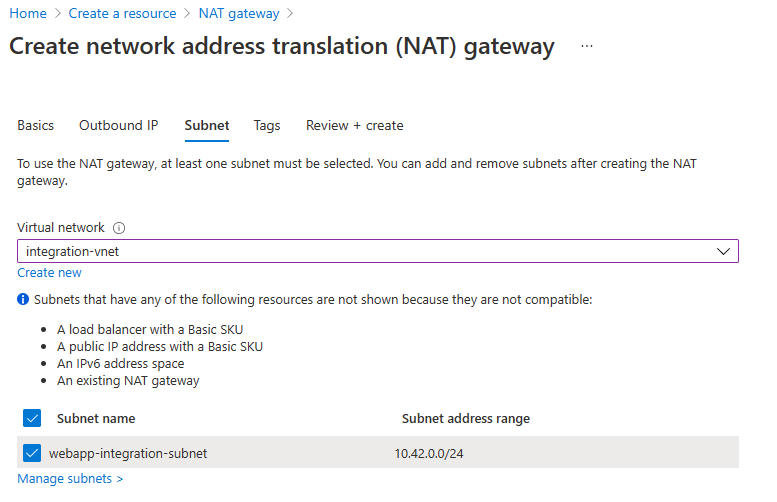 在创建 NAT 网关的页面上的“子网”选项卡的屏幕截图。