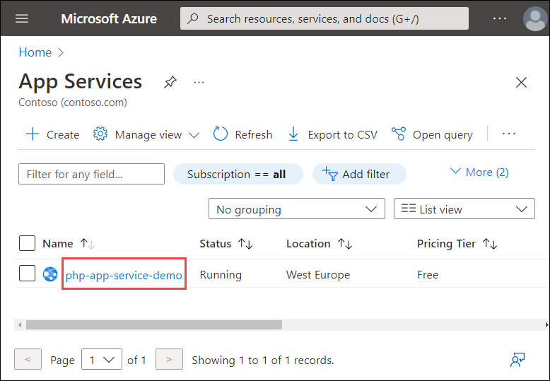 Azure 中应用服务列表的屏幕截图。演示应用程序服务的名称将突出显示。