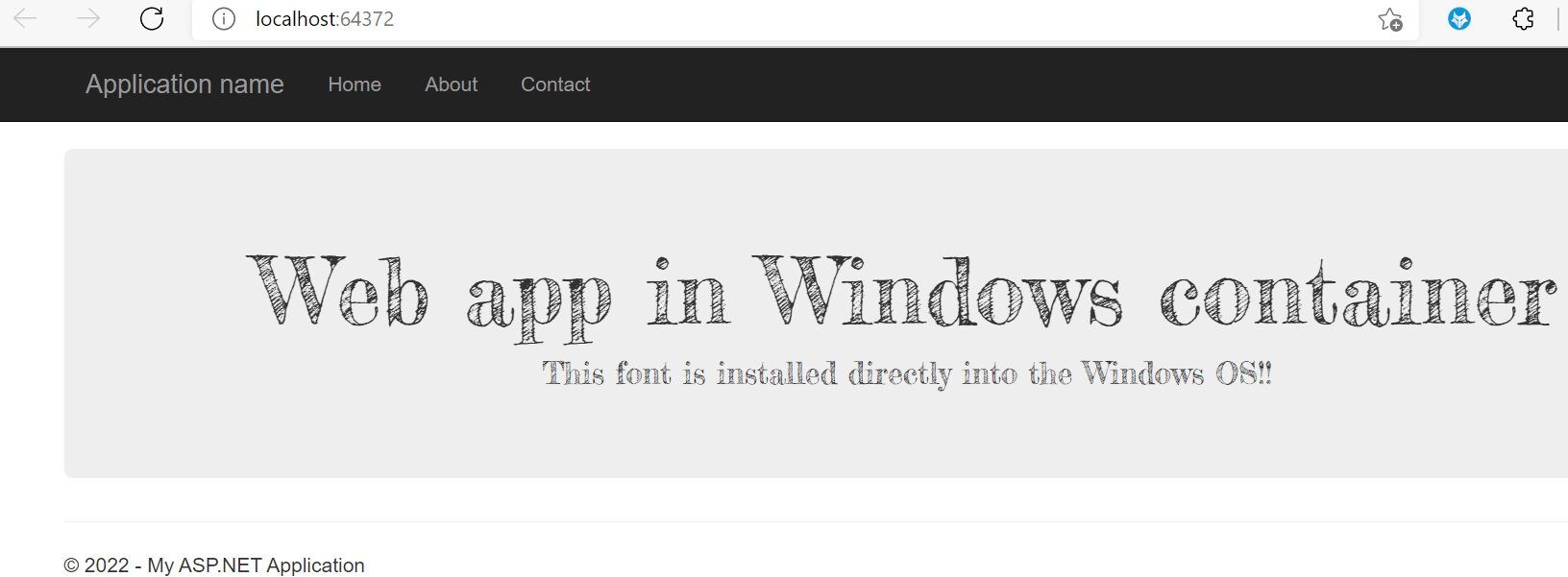 显示 Windows 容器中运行的 Web 应用的屏幕截图。