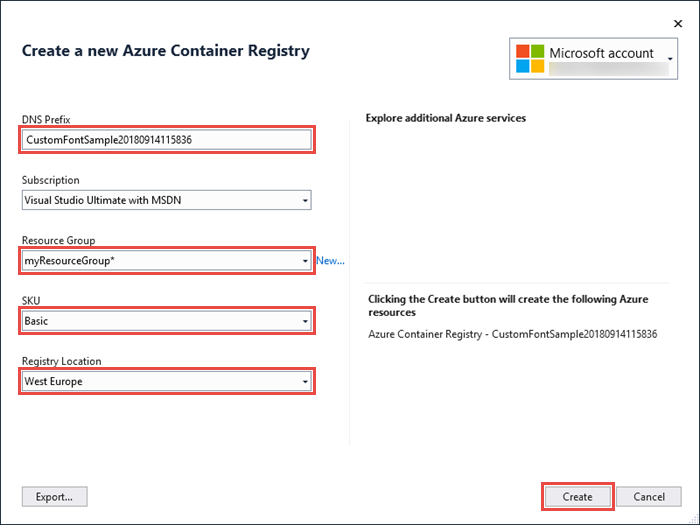 Azure 容器注册表窗口的屏幕截图。