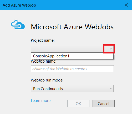 Screenshot 显示如何在“添加Azure WebJob”对话框中选择项目。