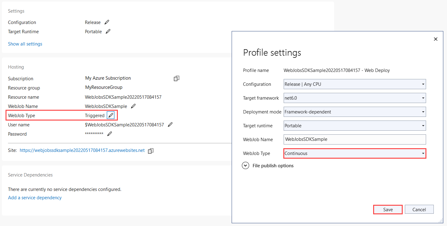 屏幕截图显示如何从 Visual Studio 2022 发布窗口更改 WebJob 类型。
