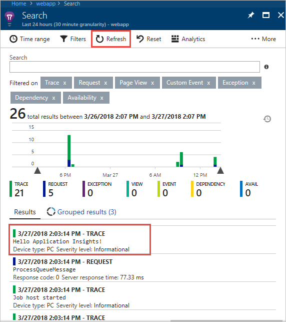 显示如何在 Application Insights 中显示和刷新日志的屏幕截图。