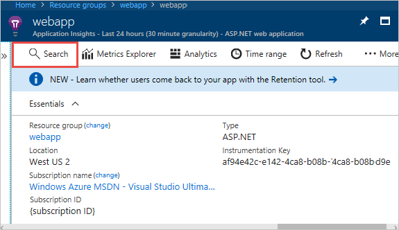 显示如何搜索和显示 Application Insights 数据的屏幕截图。