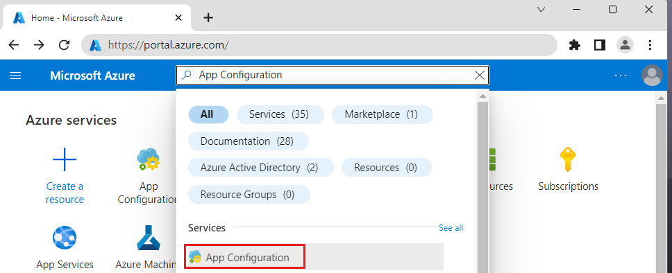Azure 门户的屏幕截图，其中显示了搜索栏中的应用配置服务。