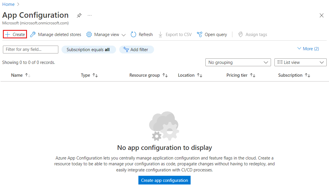 Azure 门户的屏幕截图，其中显示了用于启动创建应用配置存储的按钮。