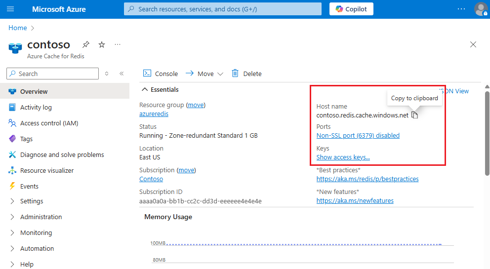 Azure Redis 缓存属性的截图。