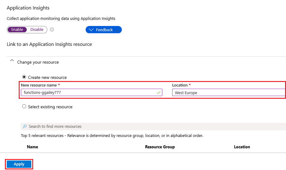 创建 Application Insights 资源的过程显示在这张屏幕截图中。