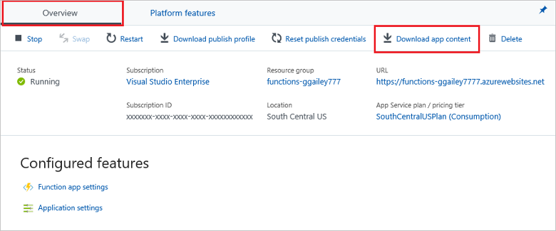 屏幕截图显示了用于下载函数应用项目的 Azure 门户页面。