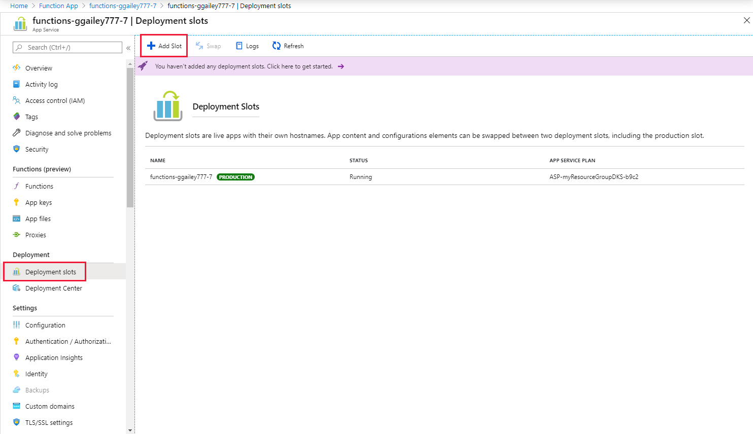 Screenshot 显示添加 Azure Functions 部署插槽。