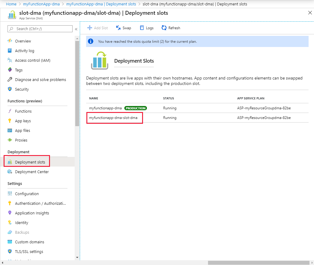 Screenshot 显示 Azure portal 中的部署槽位。