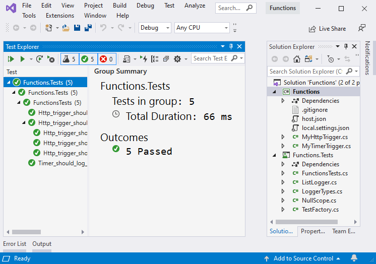 Visual Studio 的屏幕截图。测试资源管理器显示已通过五个测试。在解决方案资源管理器中，Functions 和 Functions.Test 项目可见。