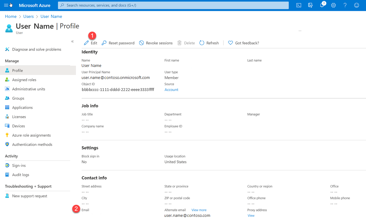 显示了 Azure 门户中某个用户个人资料页的屏幕截图。已标注出“编辑”按钮和“电子邮件”框。