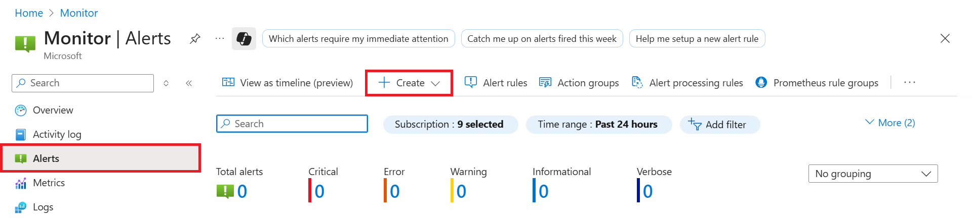Azure 门户中“警报”页的屏幕截图，其中突出显示了“操作组”按钮。