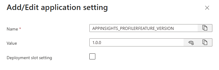 添加 App Insights Profiler 功能版本设置的屏幕截图。