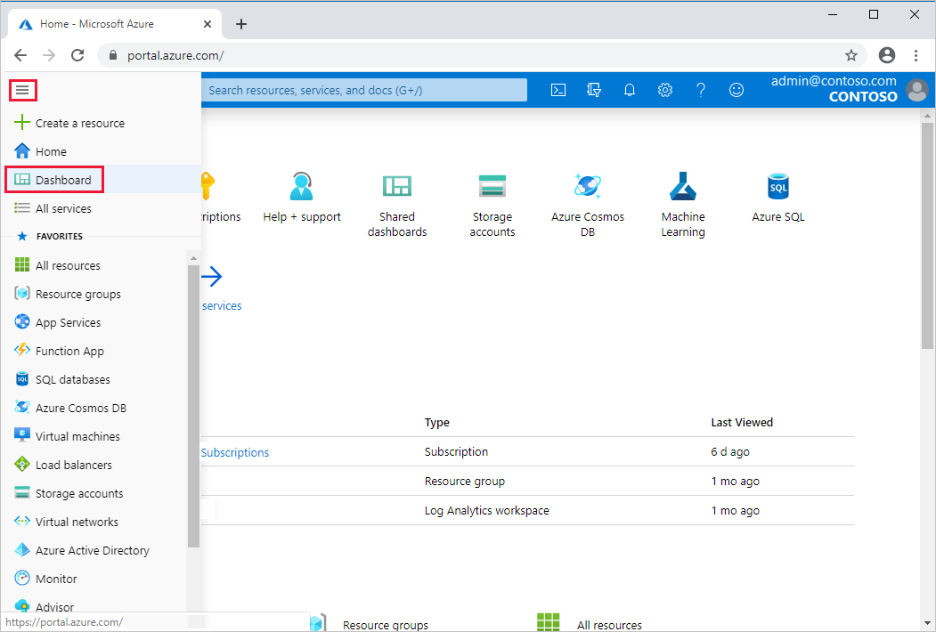Azure 门户的屏幕截图，其中已选中“仪表板”。