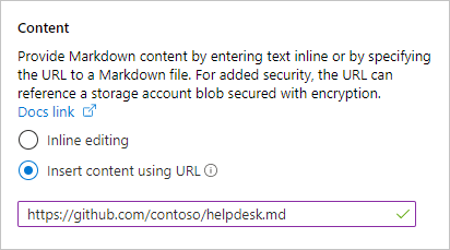 显示在 Azure 门户仪表板 Markdown 磁贴中输入 URL 的屏幕截图。