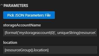 在 Visual Studio Code 的部署窗格中选取参数文件的截图。