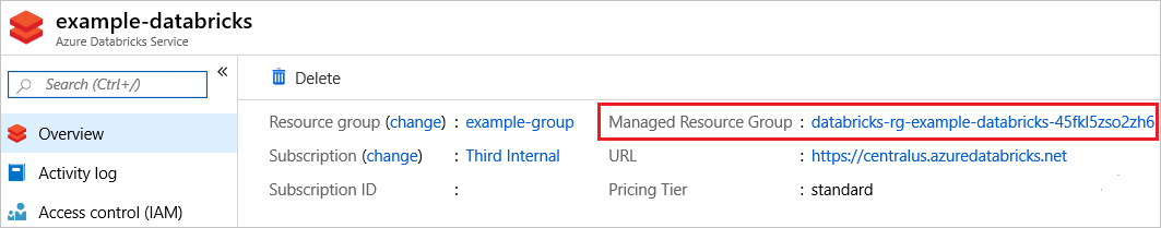 截图中显示 Azure 门户中的托管资源组链接。