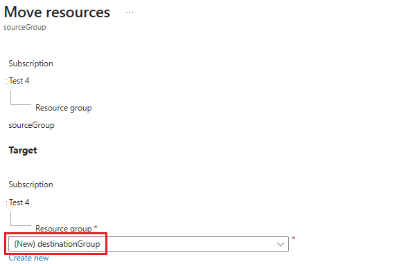 在 Azure 门户中，用户指定用于移动操作的目标资源组的截图。