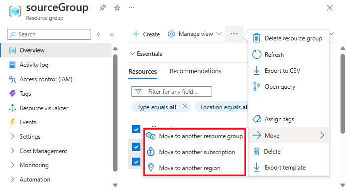  Azure 门户的Screenshot，其中显示了具有三个选项的“移动”按钮。