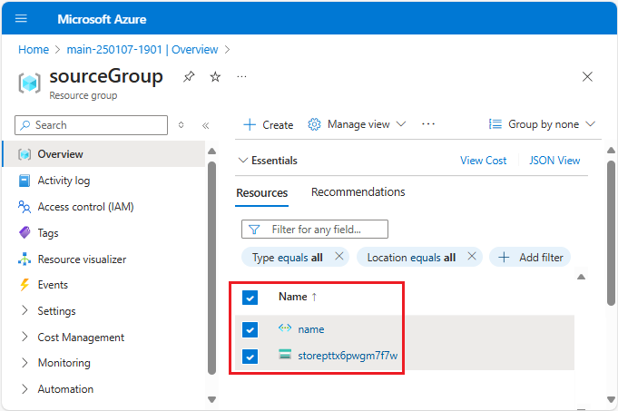 Azure 门户的屏幕截图，显示所选要移动的资源。
