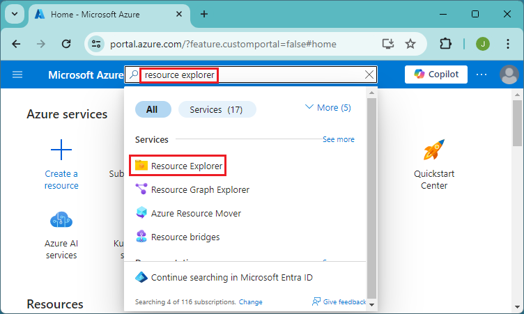 在 Azure 门户中选择“所有服务”以访问 Azure 资源浏览器的屏幕截图。