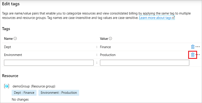 Azure 门户的屏幕截图，其中突出显示了“删除标记”图标。