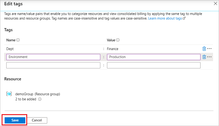 Azure 门户的屏幕截图，其中添加标记后突出显示了“保存”按钮。
