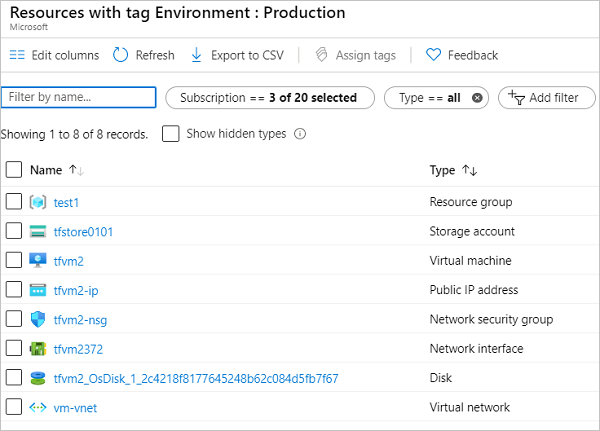 Azure 门户的屏幕截图，其中显示了按所选标记筛选的资源列表。