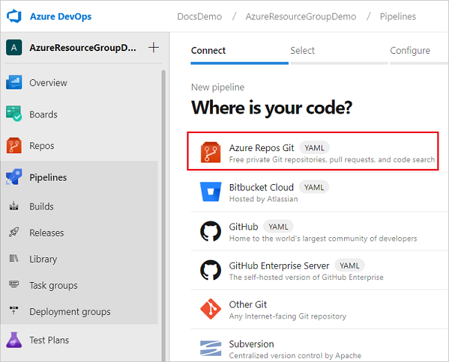 在 Azure DevOps 中选择代码源代码的屏幕截图